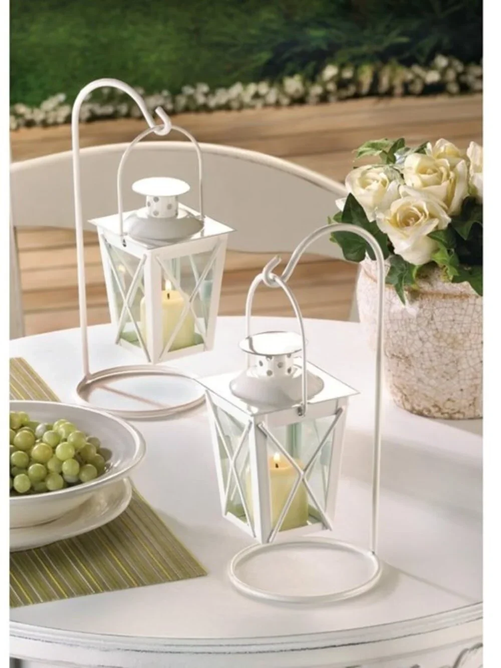 Quaint White Railroad Mini Candle Lantern Tabletop Centerpieces/Decor Set of 2